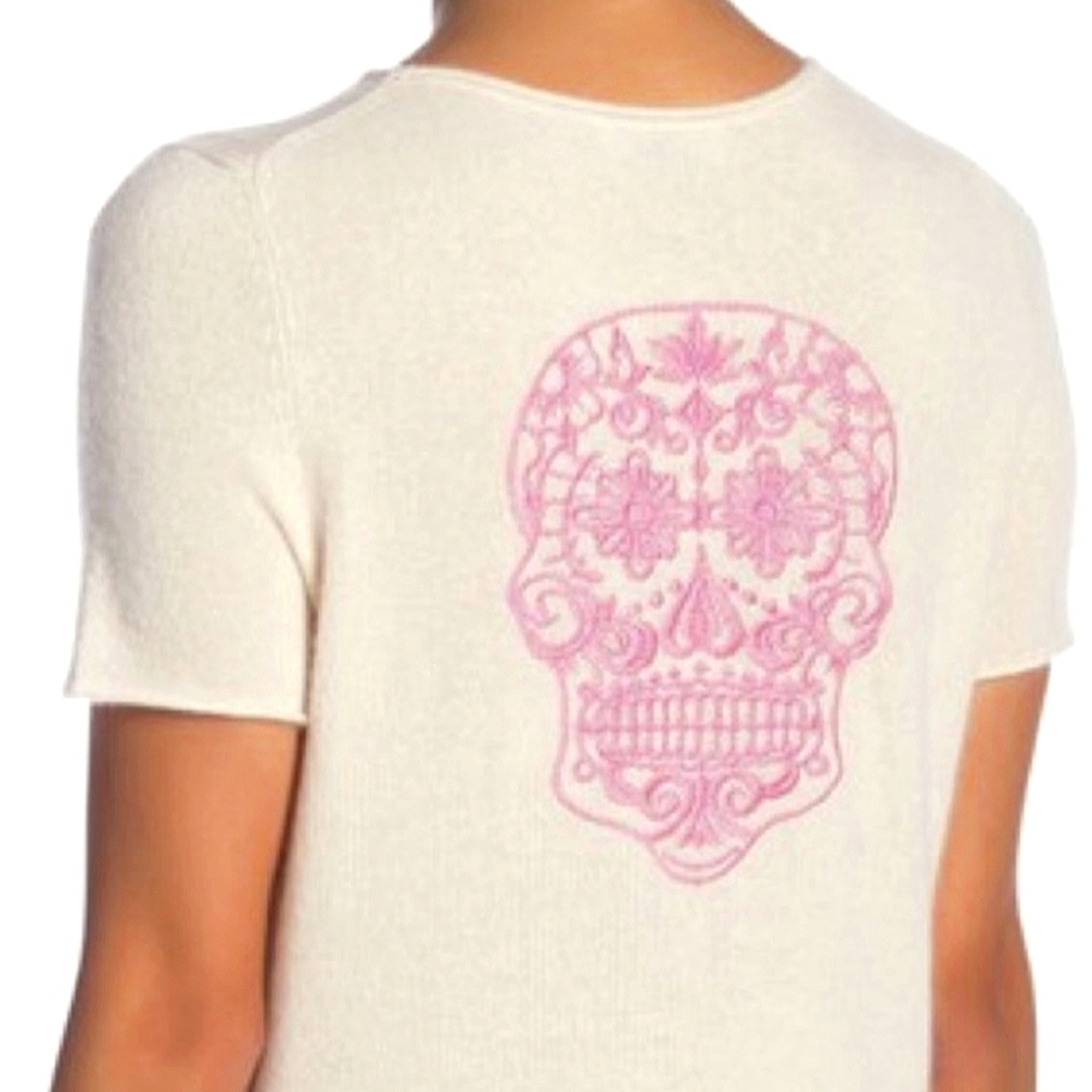 Skull Cashmere Embroidered Zeke Sugar Ivory Pink Short Sleeve Sweater Size Large